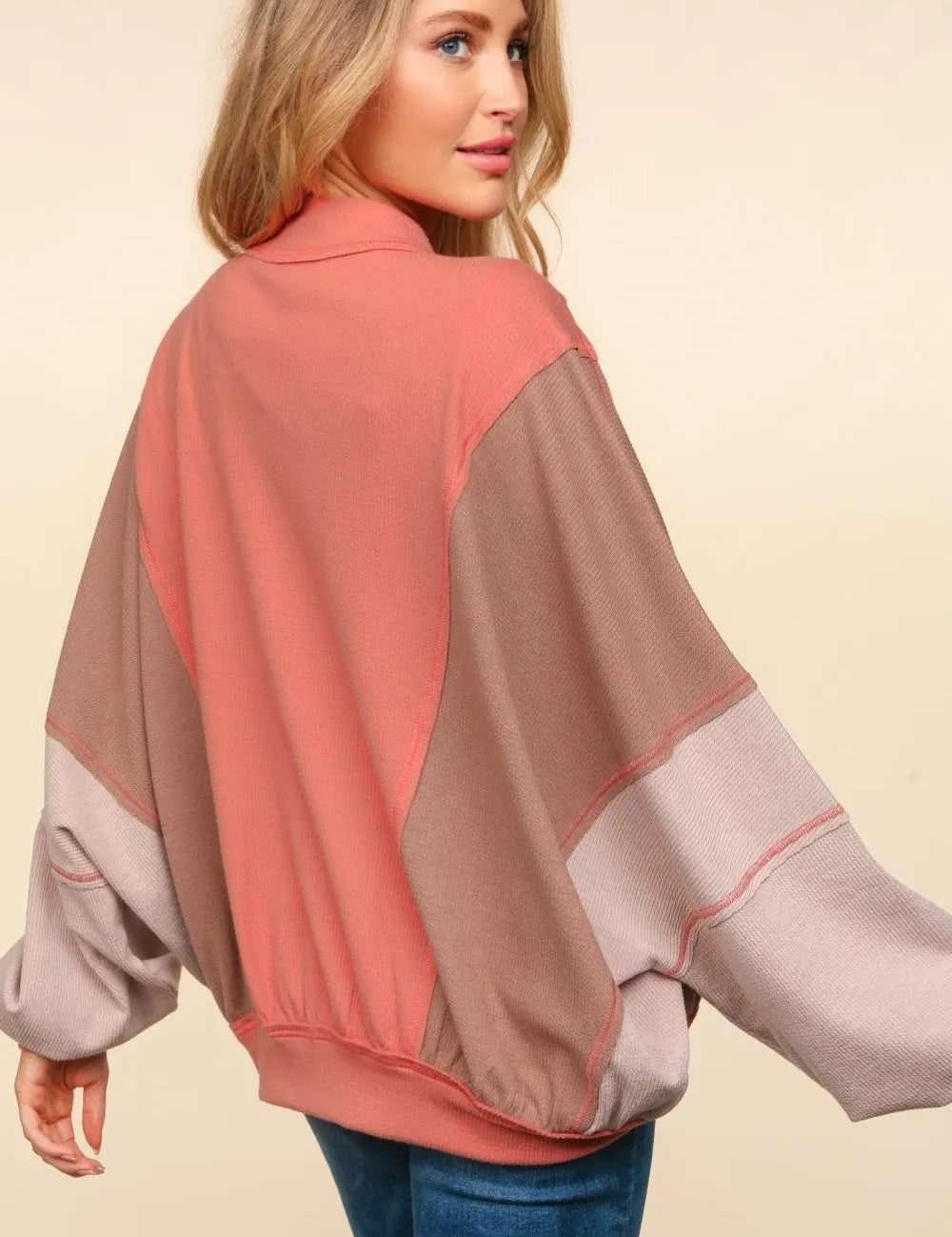 Haptics Zip Up Color Block Bomber Jacket with Side Pockets | Daverri Fashions