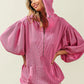 BiBi Waffle-Knit Half Zip Hooded Top in soft pink ribbed knit with puffy sleeves