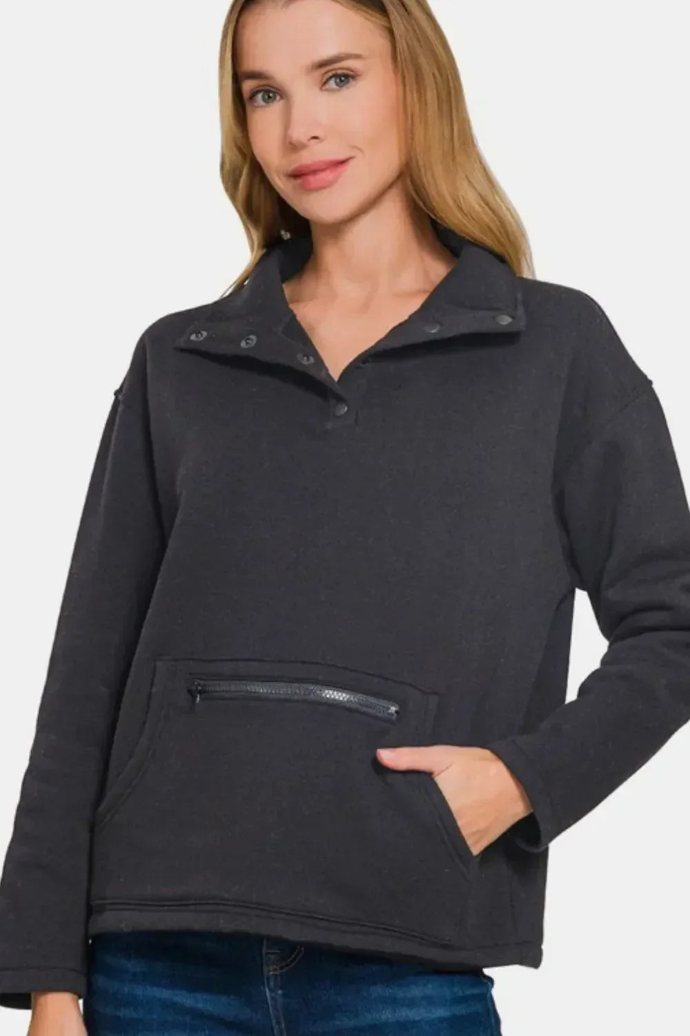 Zenana Turtleneck Half Snap Fleece Sweatshirt Black - DAVERRI FASHIONS