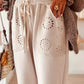 Cream-colored embroidered Drawstring Loose Fit Pants with pocket cutouts