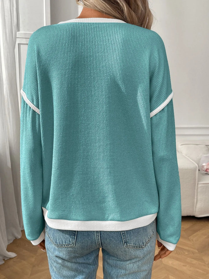 Ribbed Contrast Trim Long Sleeve Top | Knit Tops Daverri Fashions