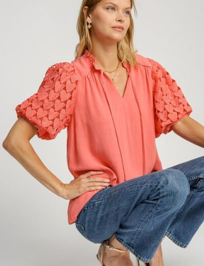 Umgee Full Size Heart Lace Sleeve Ruffle Collar Top Plus Size Burnt Coral Tops