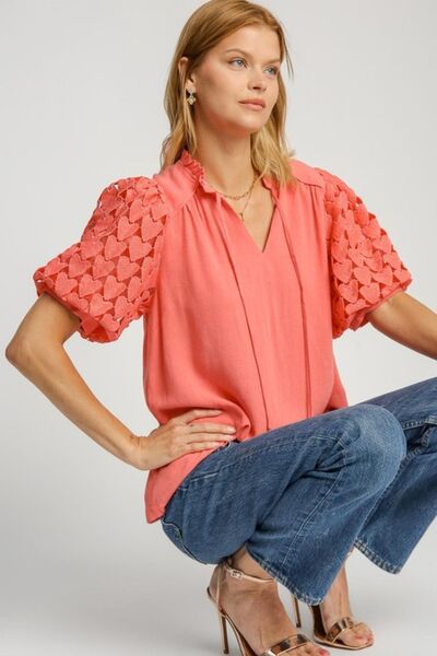 Umgee Full Size Heart Lace Sleeve Ruffle Collar Top Plus Size Burnt Coral Tops