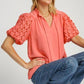 Umgee Full Size Heart Lace Sleeve Ruffle Collar Top Plus Size Burnt Coral Tops