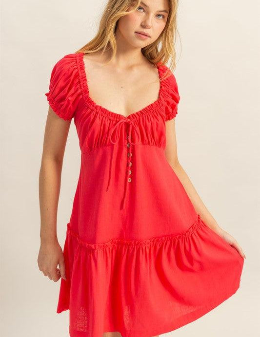 HYFVE Ruched Frill Tiered Short Sleeve Mini Dress | Daverri Fashions