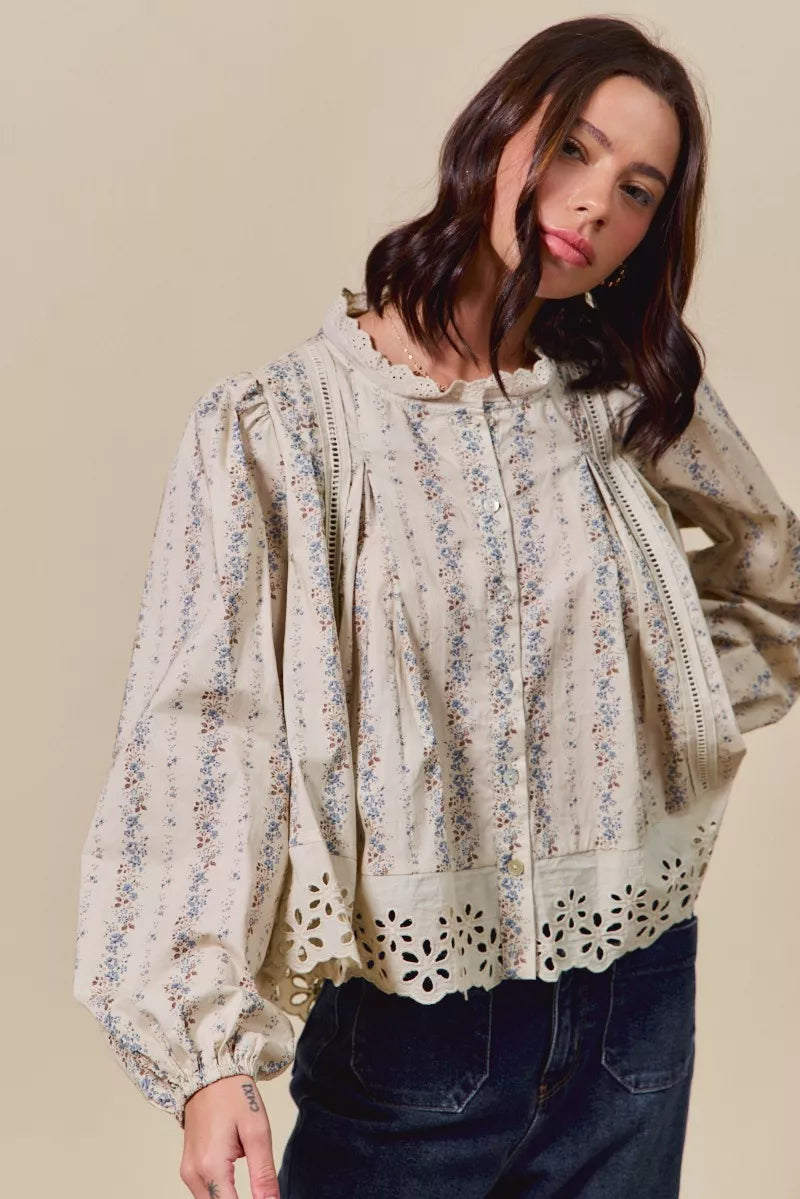 SO ME Floral Print Lace Button Down Shirt | Daverri Fashions