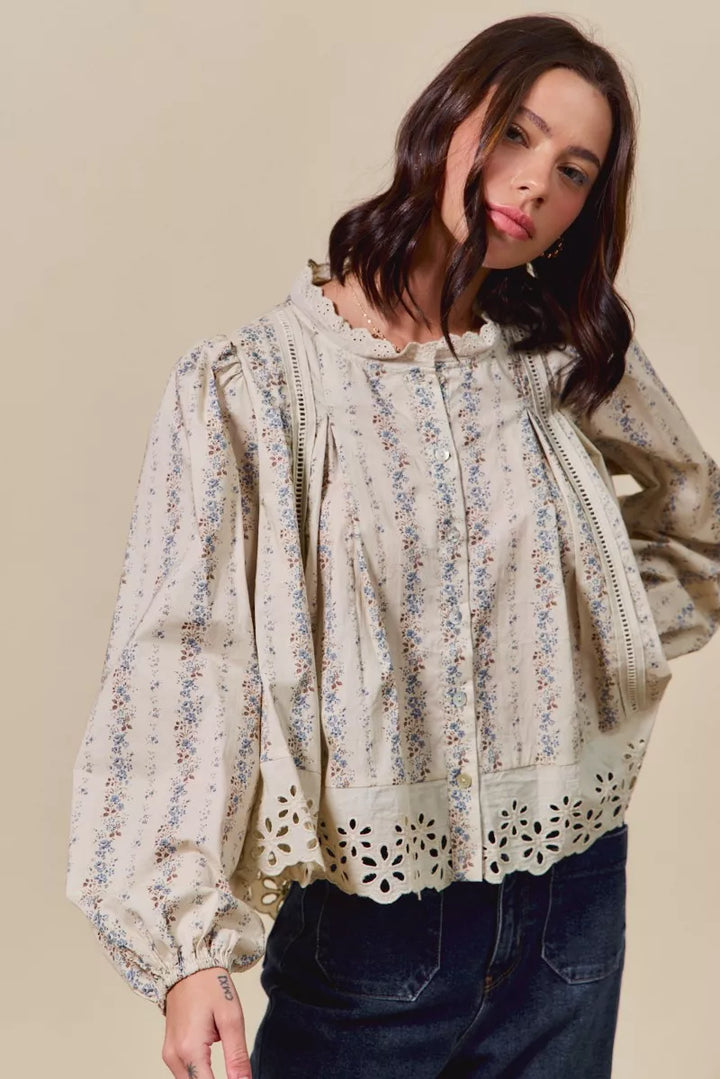 SO ME Floral Print Lace Button Down Shirt | Daverri Fashions