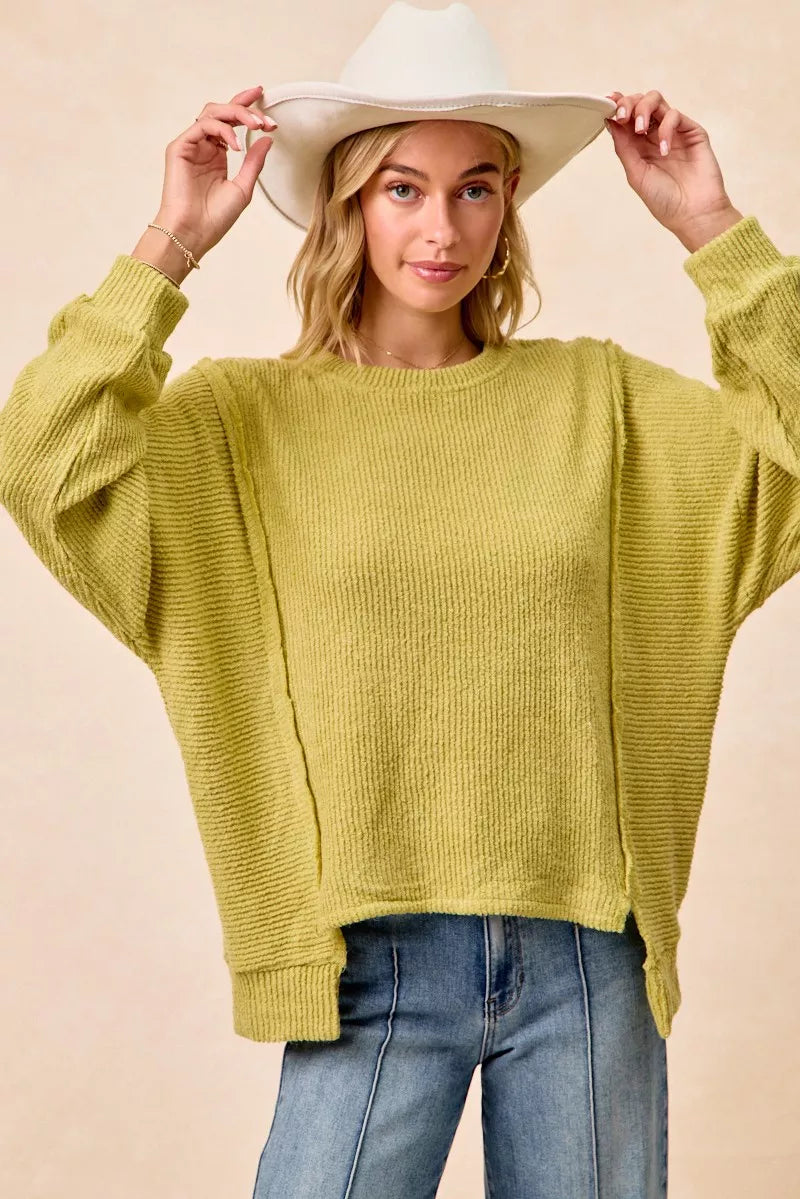 BiBi boucle rib knit olive-green sweater with wide sleeves