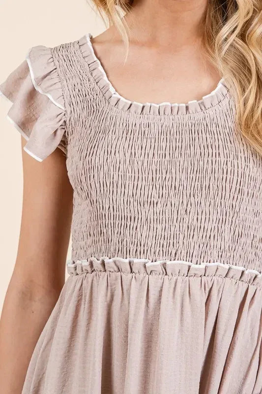 Lime 'N' Chili Ruffle Trim Smocked Dress with Contrast - DAVERRI FASHIONS