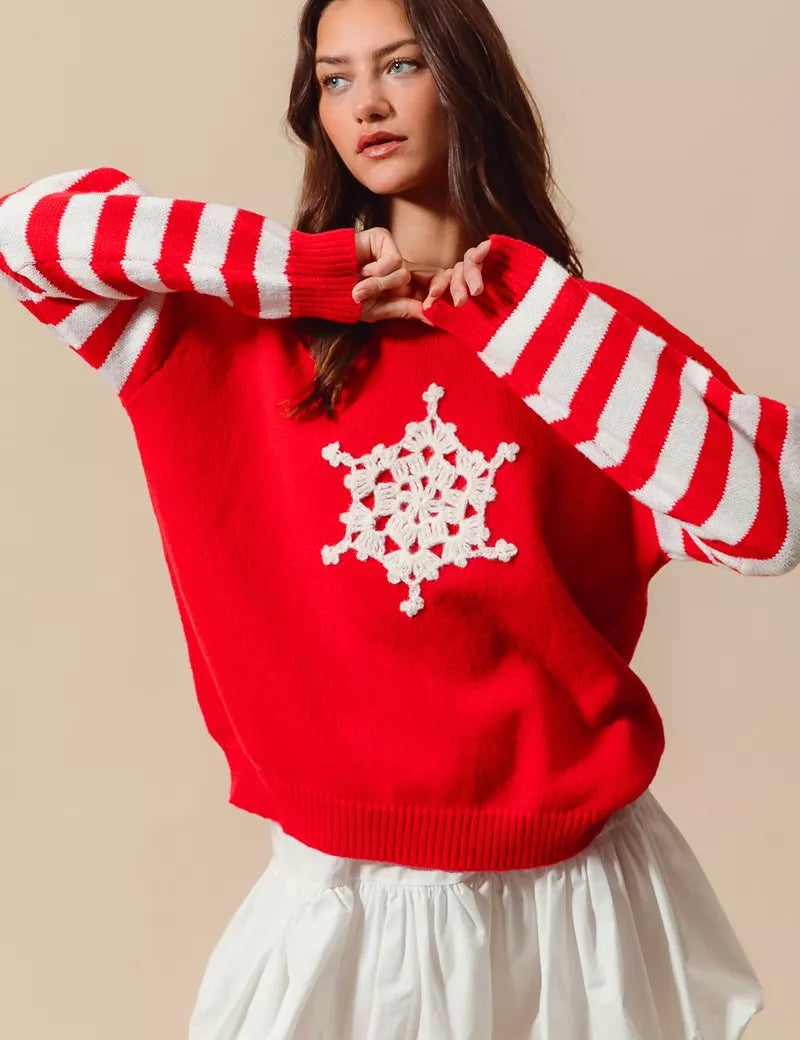 RED IVORY SO ME Christmas Snowflake Crochet Embellished Sweater | Sweaters Daverri Fashions