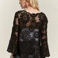 Adora Bell Sleeve Crochet Top in black lace with floral patterns