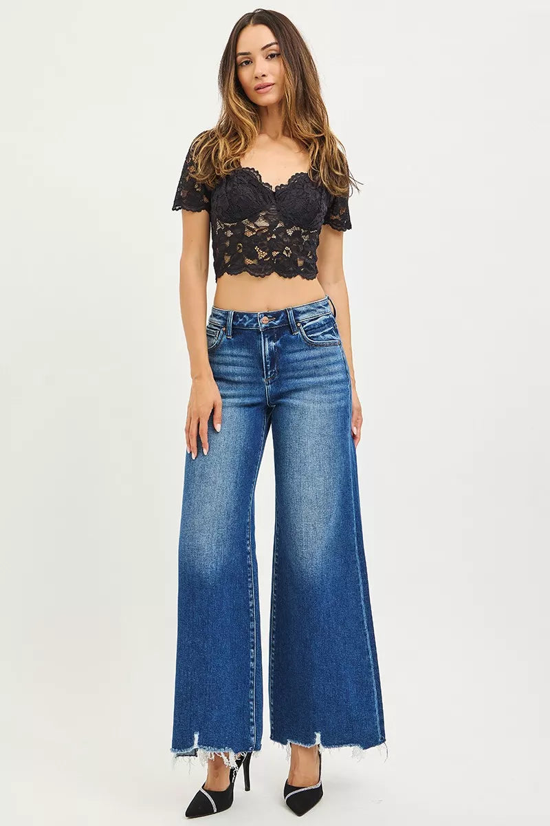 RISEN high-rise wide-leg blue denim jeans with frayed hems