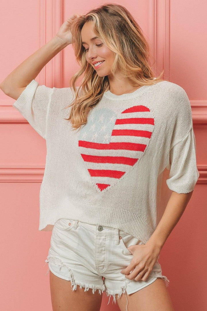 BiBi Striped Heart Contrast Knit Top Off White Shirts & Tops