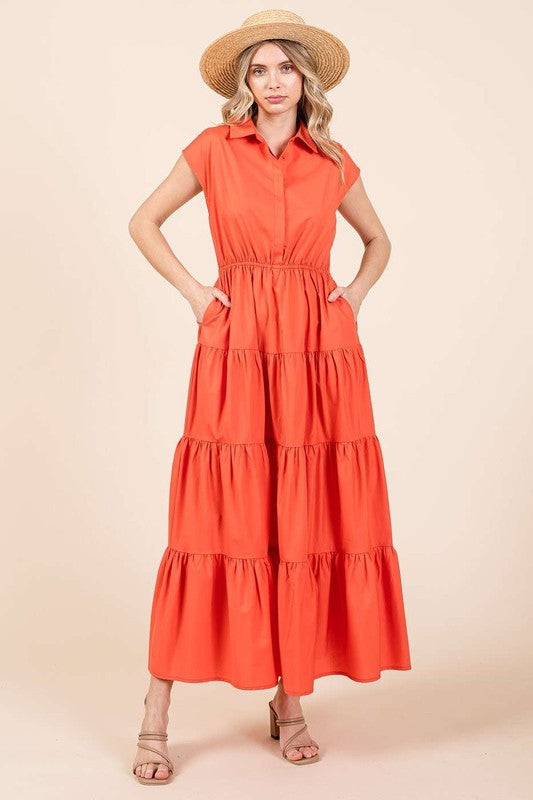 Mittoshop Button Up Collared Tiered Maxi Shirt Dress Orange Midi Dresses