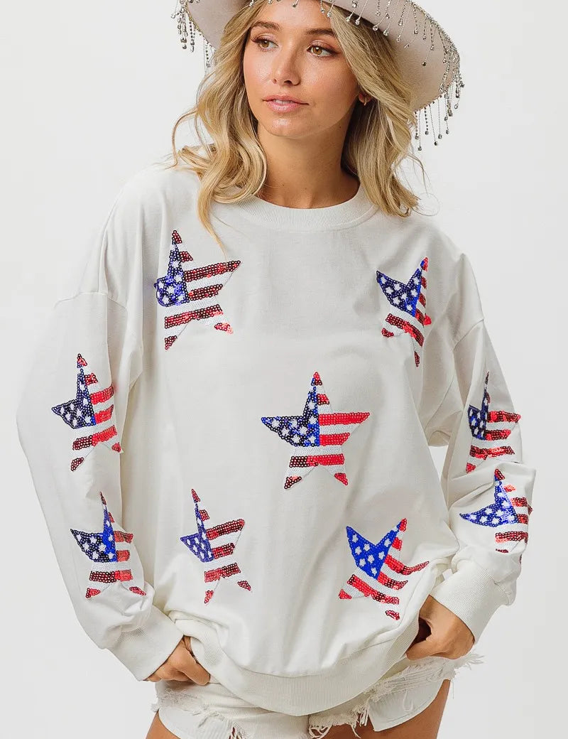 BiBi American Flag Sequin Star Sweatshirt | Sweatshirts Daverri Fashions