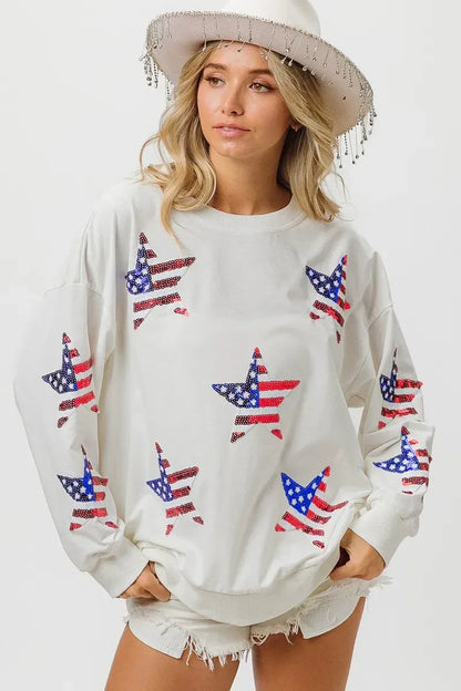 BiBi American Flag Sequin Star Sweatshirt - DAVERRI FASHIONS