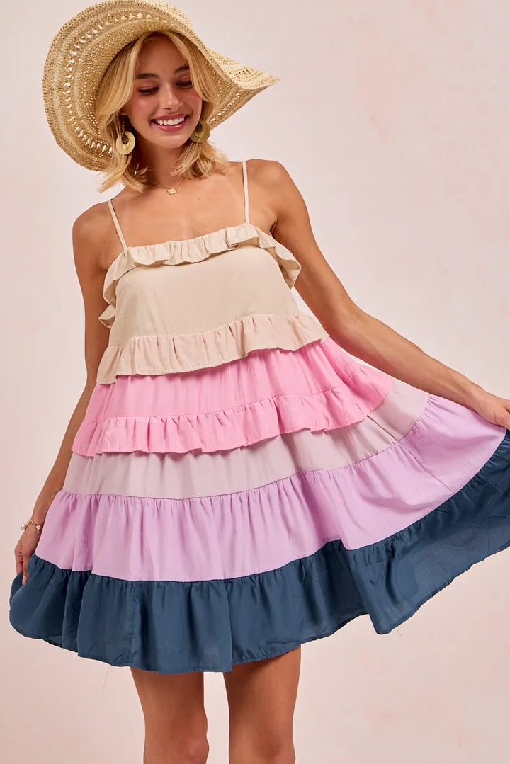 BiBi Color Blocked Tiered Dress CREAM PINK LILC TEAL Mini Dresses