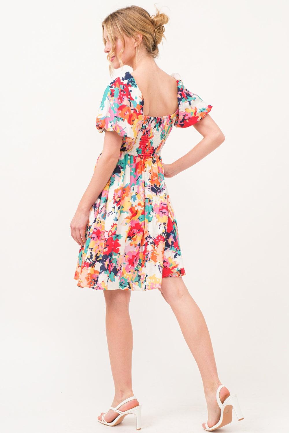 And The Why Square Neck Puff Sleeve Floral Dress Knee Length Dresses