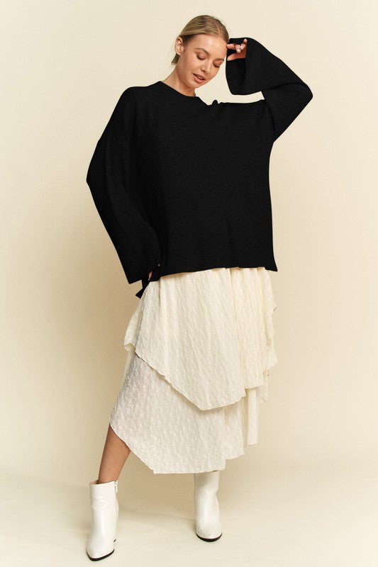 Davi & Dani High-Low Round Neck Drop Shoulder Sweater Tops