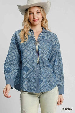 Umgee Paisley Print Denim Shirt Jacket - DAVERRI FASHIONS