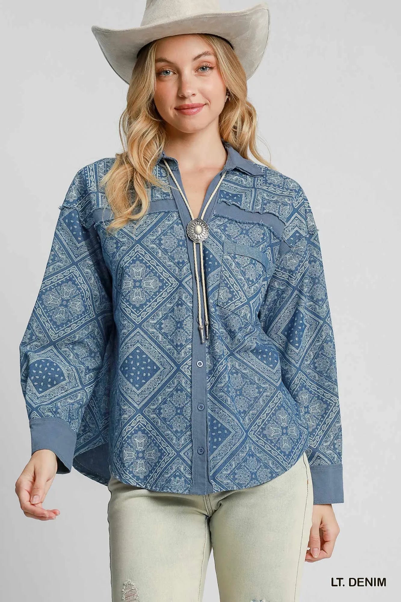 Umgee Paisley Print Denim Shirt Jacket LT. DENIM Shackets