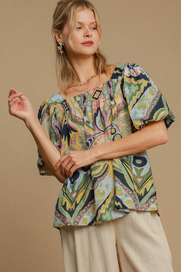 Abstract Print Smocked Square Neck Puff Sleeve Blouse Short Sleeve Tops