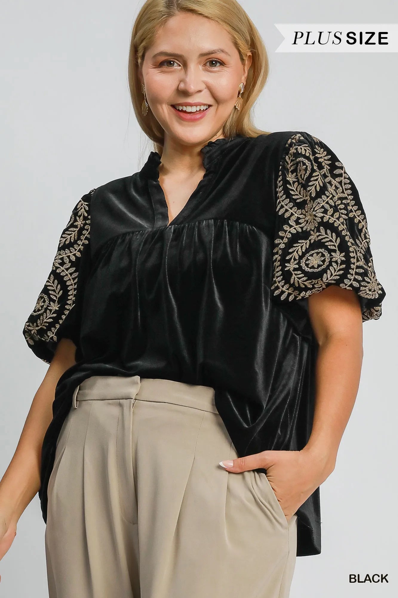 Umgee Full Size Velvet Embroidered Sleeve Blouse Blouses