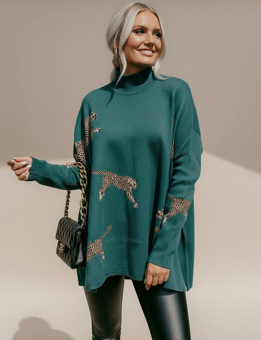 Side Slit Loose Fit Cheetah Print Mock Neck Sweater
