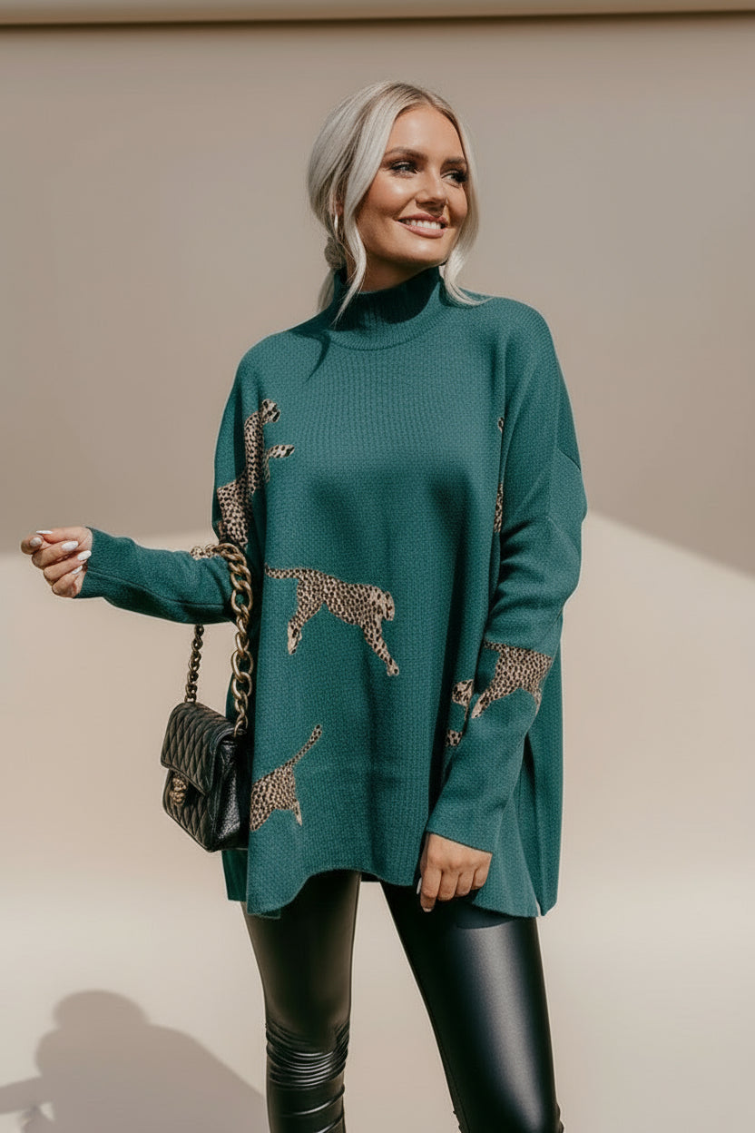 Side Slit Loose Fit Cheetah Print Mock Neck Sweater