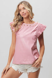 BiBi Leather Look Smocked Ruffled Top | Tops Daverri Fashions