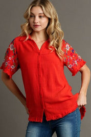 Umgee Full Size Linen Shirt with Embroidered Sleeves Plus Size Red Shirts