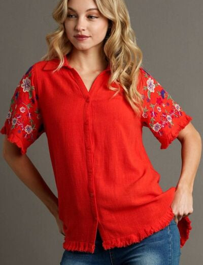 Umgee Full Size Linen Shirt with Embroidered Sleeves Plus Size Red Shirts