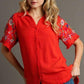 Umgee Full Size Linen Shirt with Embroidered Sleeves Plus Size Red S Shirts