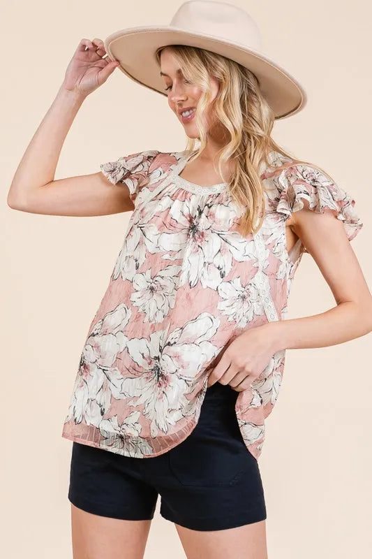 Lime 'N' Chili Floral Print Lace Trim Ruffle Cap Sleeve Top