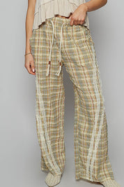 POL Lace Trim Drawstring Checkered Wide Leg Pants Sage