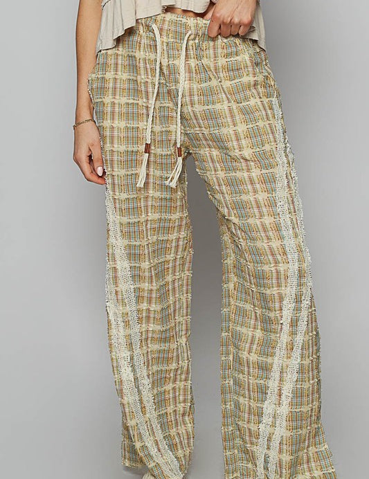 POL Lace Trim Drawstring Checkered Wide Leg Pants Sage