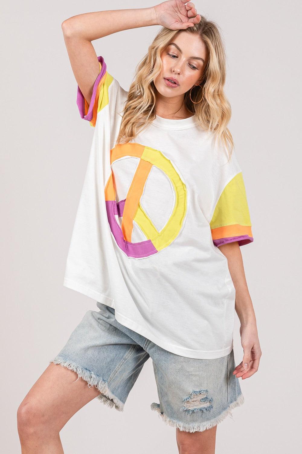 SAGE + FIG Color Block Peace Applique T-Shirt - DAVERRI FASHIONS