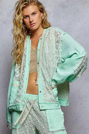 PALE MINT POL Exposed Seam Button Down Hooded Jacket with Lace Detail | Daverri Fashions
