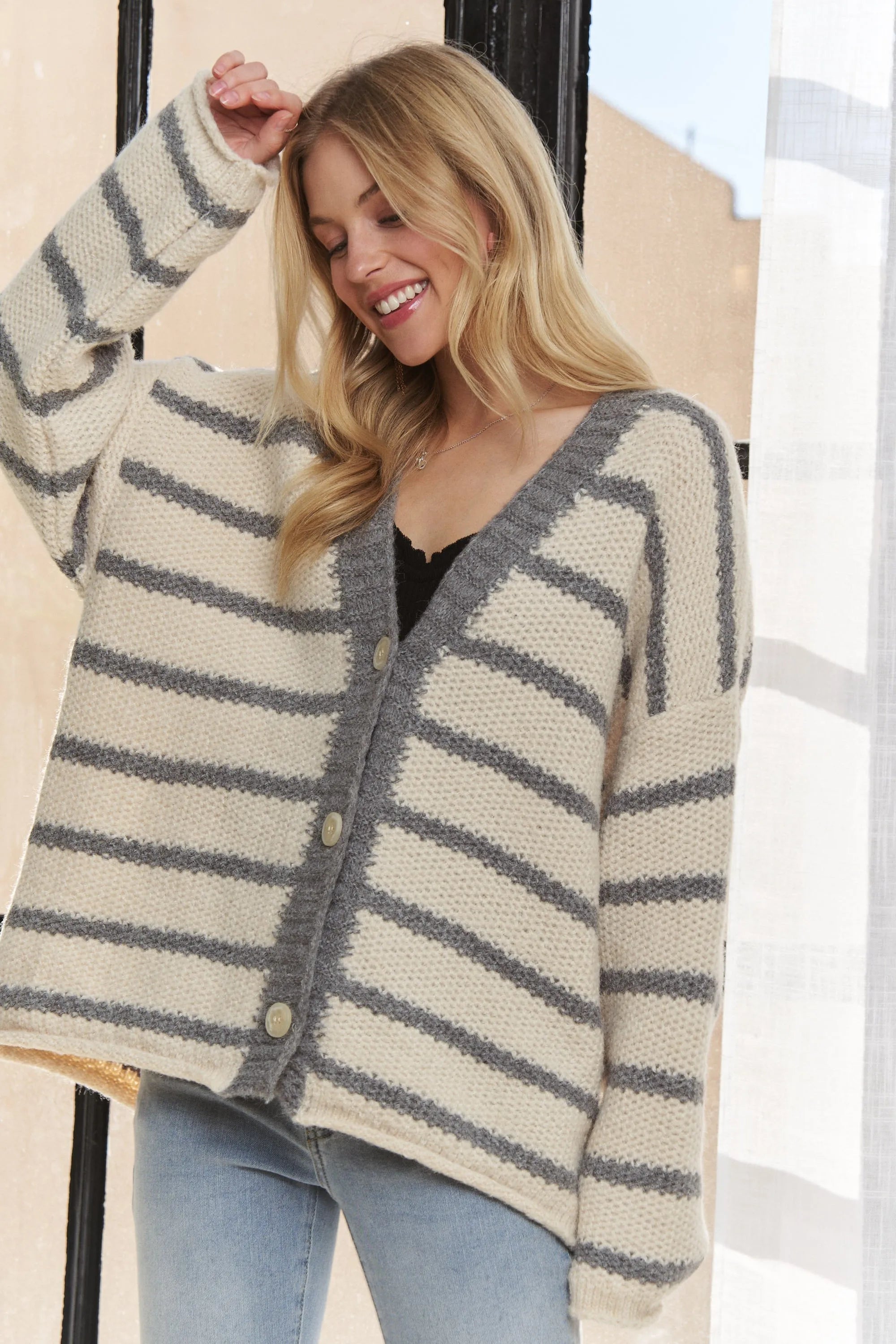 ADORA Horizontally Striped Button Up Cardigan | Cardigans Daverri Fashions