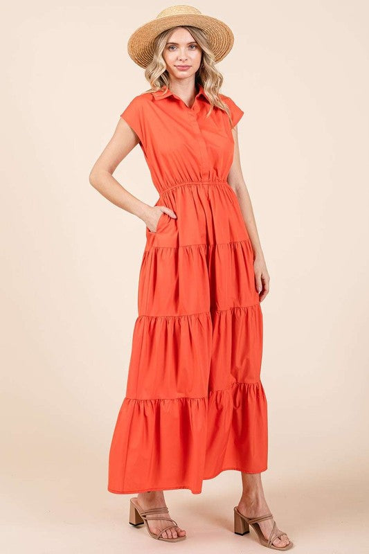 Mittoshop Button Up Collared Tiered Maxi Shirt Dress Maxi Dresses