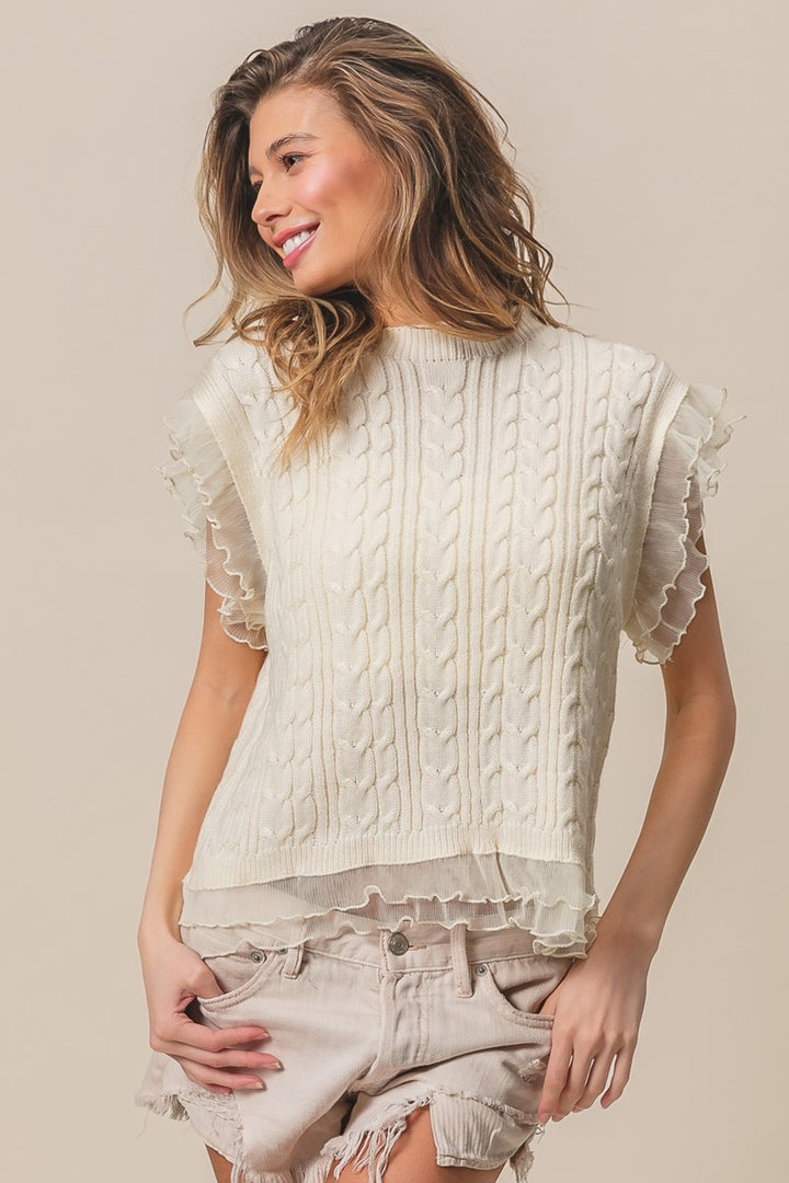 BiBi Layered Pleat Chiffon Edge Cable Knit Top Cream L