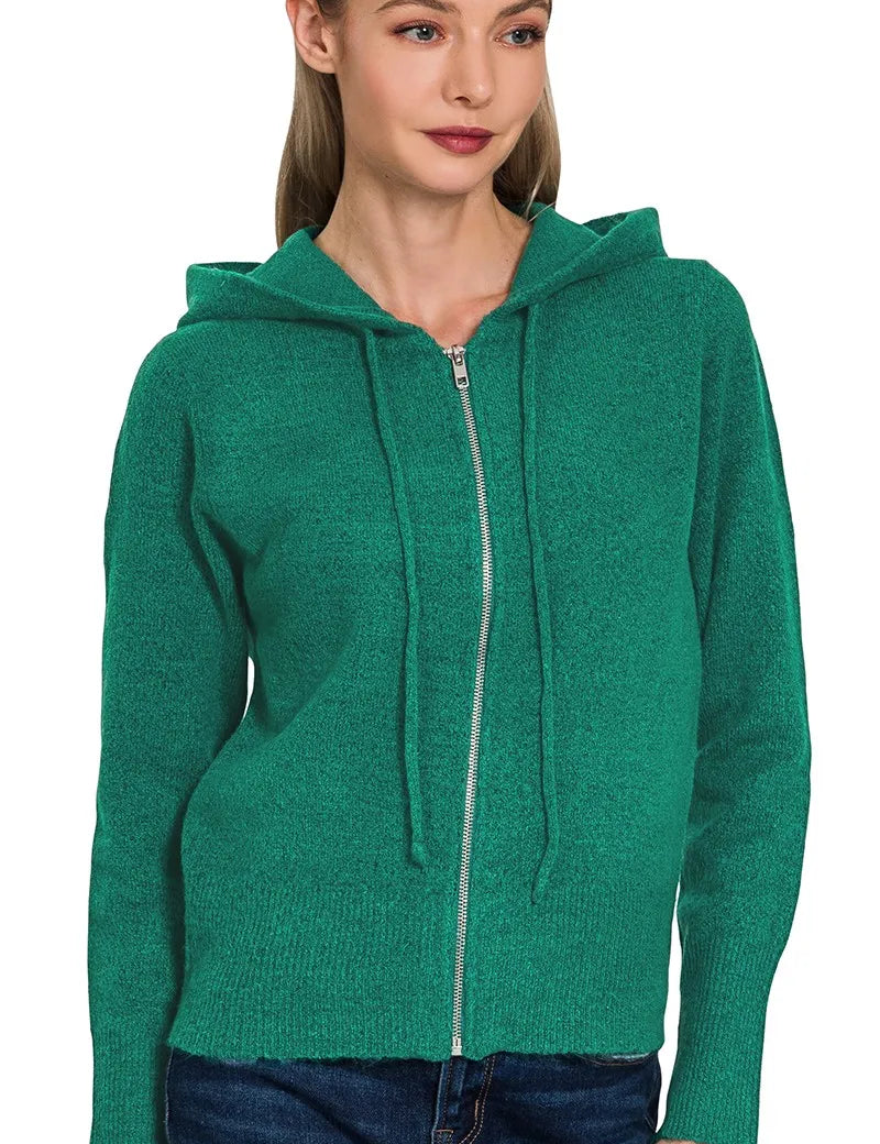 H HUNTER GREEN Zenana Drawstring Zip Up Hooded Cardigan Green | Cardigans Daverri Fashions