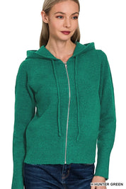 H HUNTER GREEN Zenana Drawstring Zip Up Hooded Cardigan Green | Cardigans Daverri Fashions