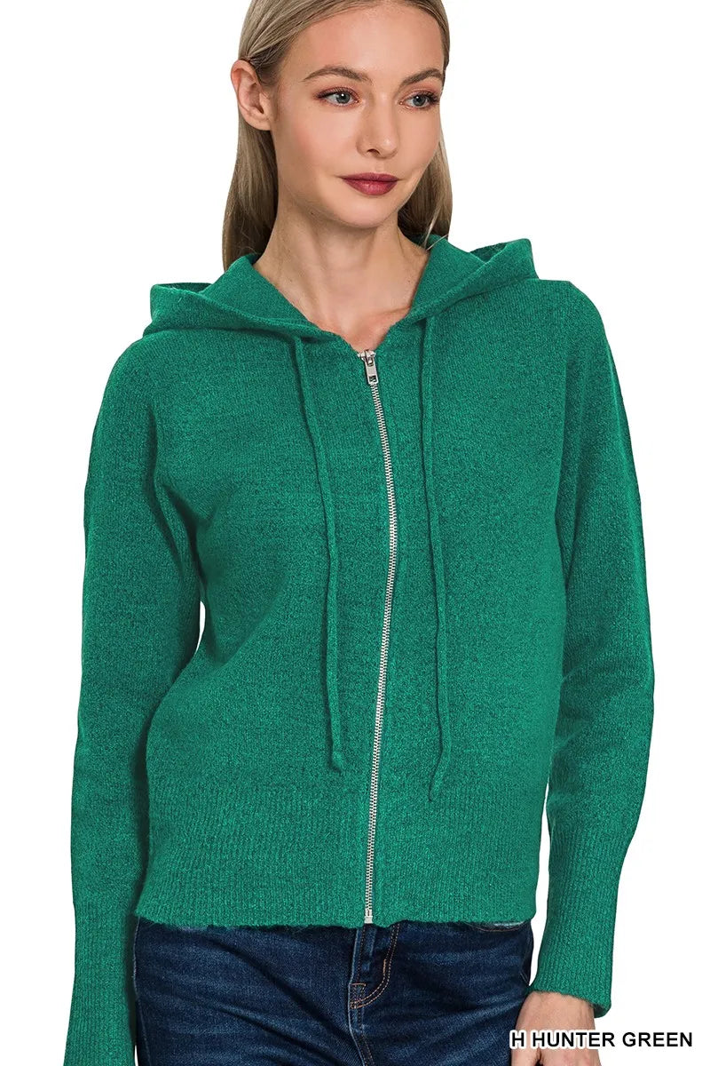 Zenana Drawstring Zip Up Hooded Cardigan H HUNTER GREEN Cardigans