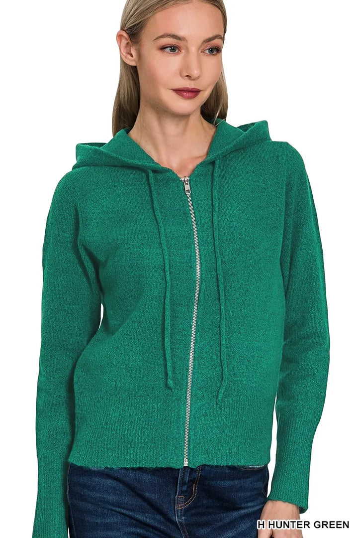 Zenana Drawstring Zip Up Hooded Cardigan H HUNTER GREEN Cardigans