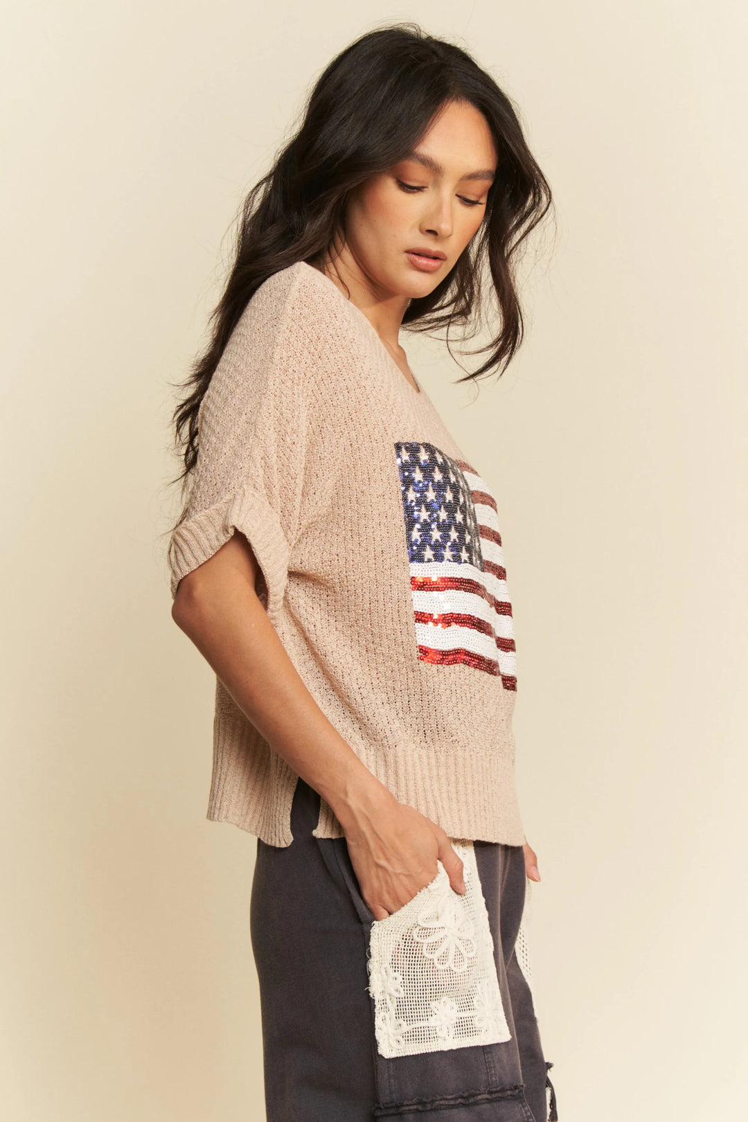 Davi & Dani Sequin American Flag Patch Short Sleeve Knit Top Tops