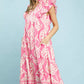 Pink peony leaf print tiered midi dress with ruffles, v-neck, pockets