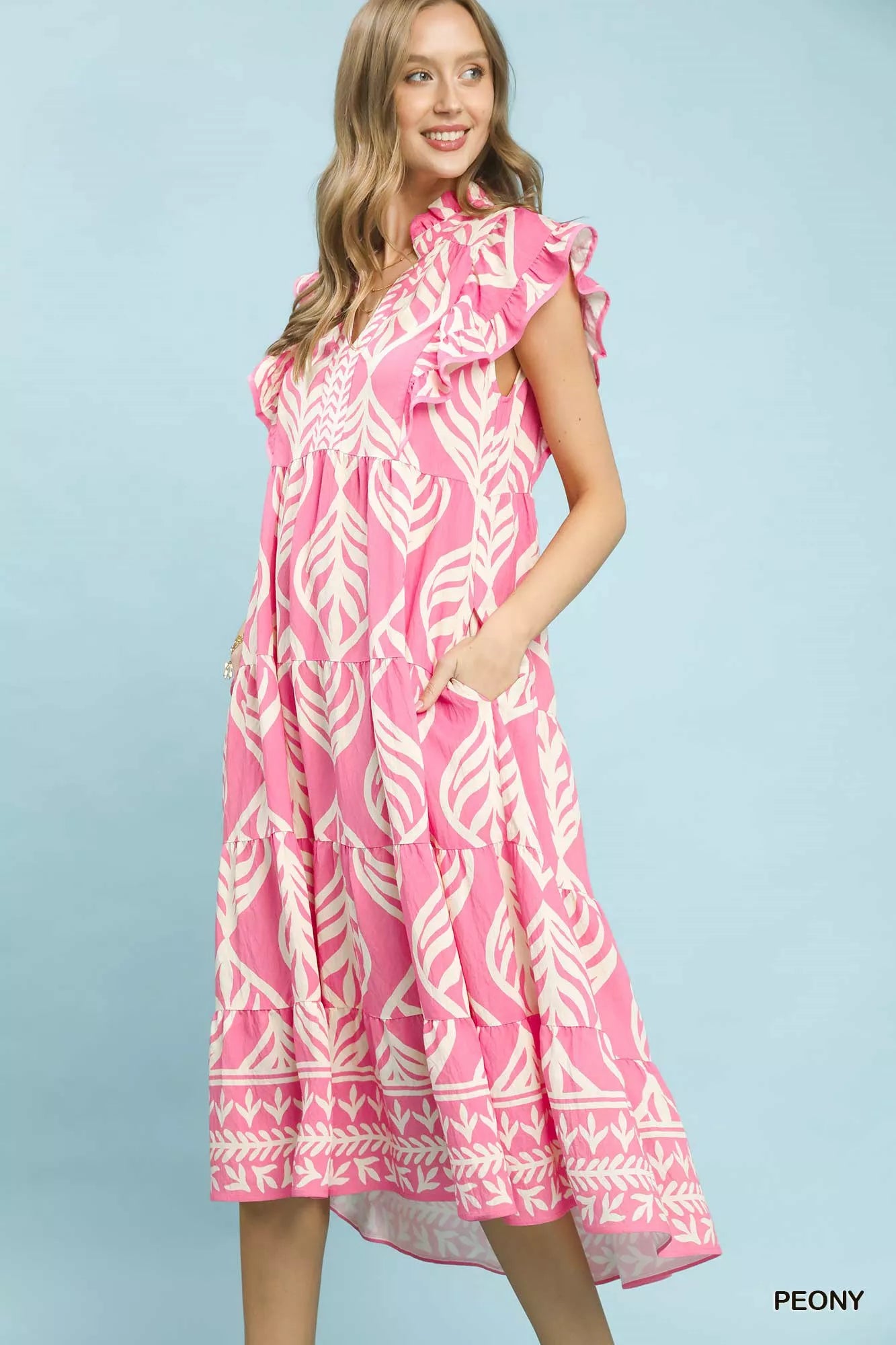 Pink peony leaf print tiered midi dress with ruffles, v-neck, pockets
