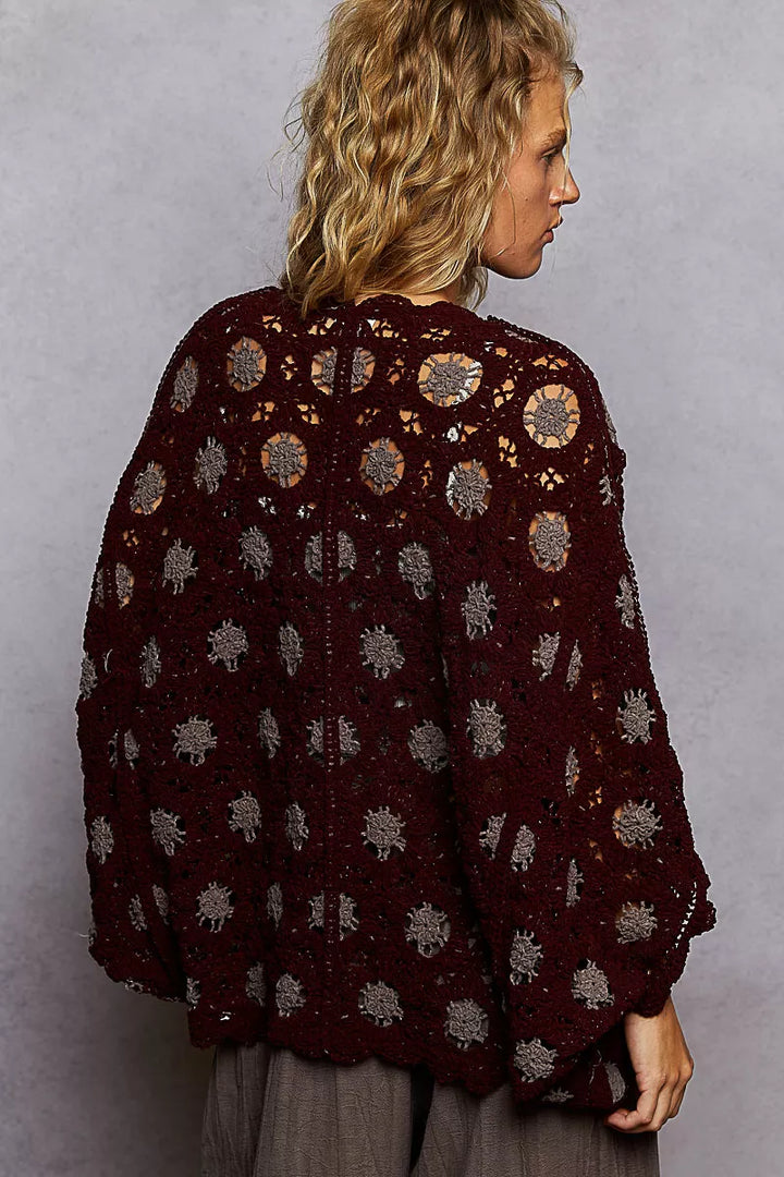 POL Openwork V-Neck Chenille Cardigan with Contrast Floral Burgundy Grey | Cardigans Daverri Fashions