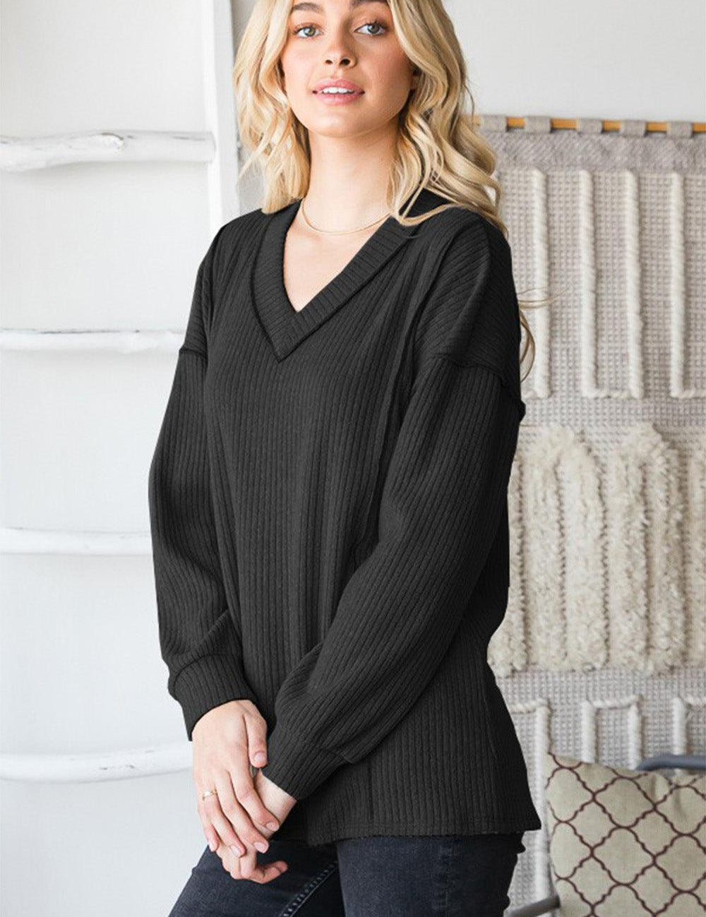 Black Heimish Full Size Ribbed V-Neck Exposed Seam Top | Tops Daverri Fashions